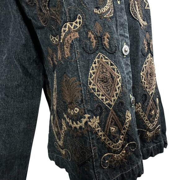 Chico's Black Denim Jacket XS 0 Embroidered Beaded Cropped Boho Western Vintage - Picture 6 of 16